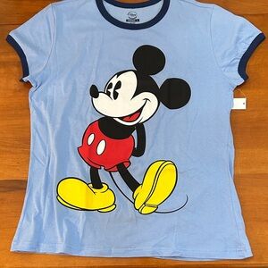 Vintage Disney Light Blue Mickey Mouse Graphic Tee with Navy Trim